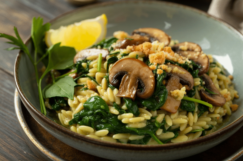 Creamy Garlic Butter Orzo with Spinach & Mushrooms Recipe