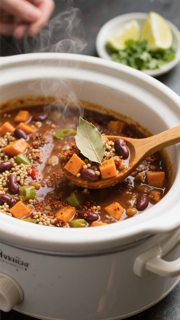 Close-up, 3/4 angle process shot inside a slow cooker: the vegetarian chili simmering low and slow, 