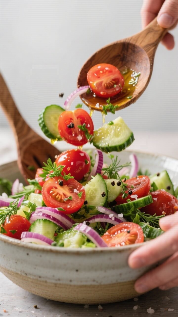 Close-up detail: A prepared Tomato & Cucumber Summer Salad being gently tossed in a large ceramic bo