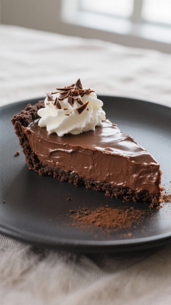 Close-up detail: A silky no-bake chocolate cream pie slice just after chilling, showing glossy, cust