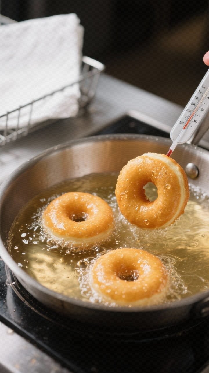 Close-up detail and cooking process: Golden sufganiyot frying in a heavy pot of shimmering neutral o