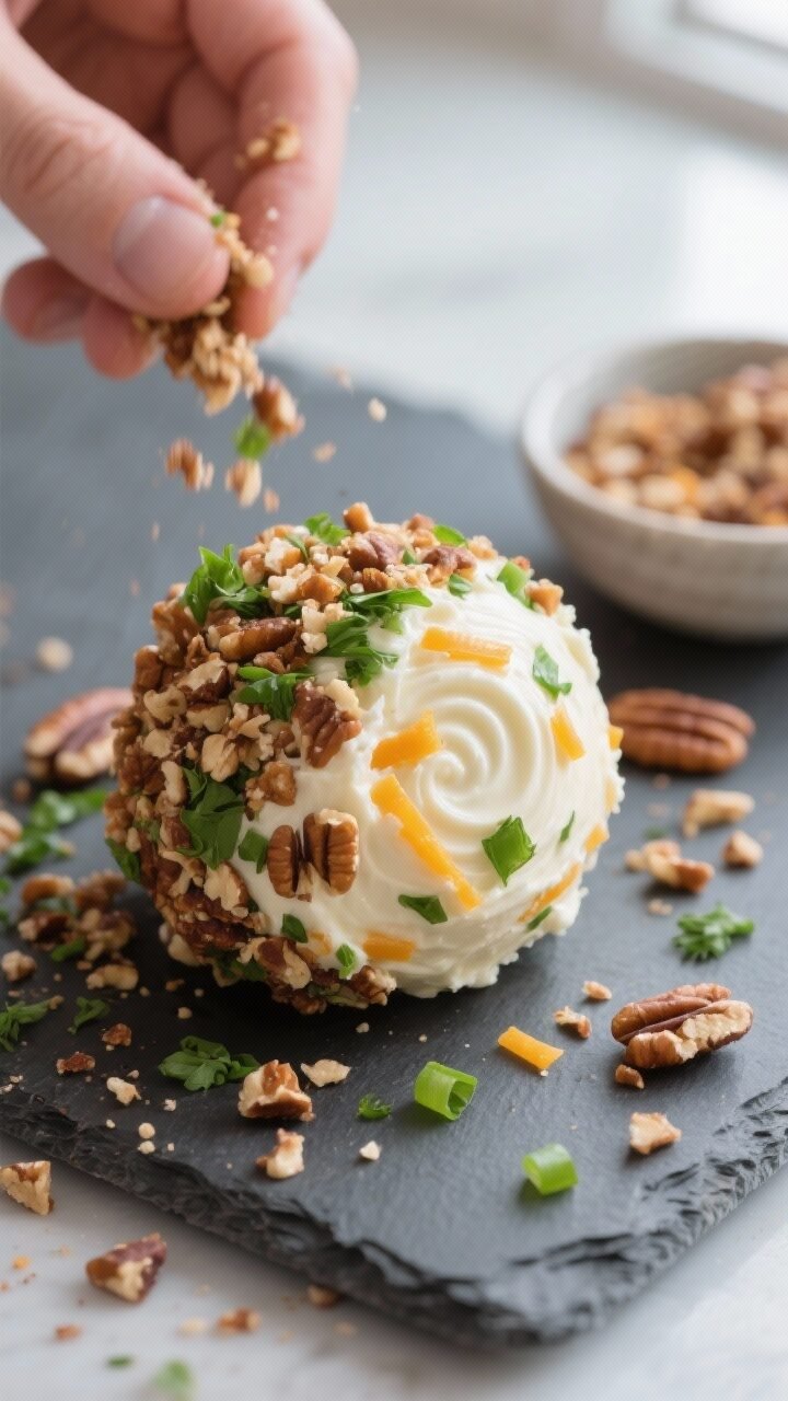 Close-up detail, cooking process: A freshly shaped cheese ball being rolled in a mix of finely chopp
