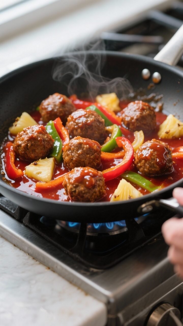 Close-up detail, cooking process: Searing sweet-and-sour meatballs in a wide black skillet over medi