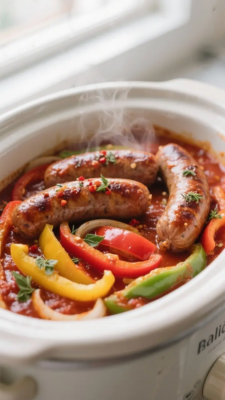 Close-up detail, cooking process: Slow cooker Italian sausage and peppers mid-cook, links nestled at