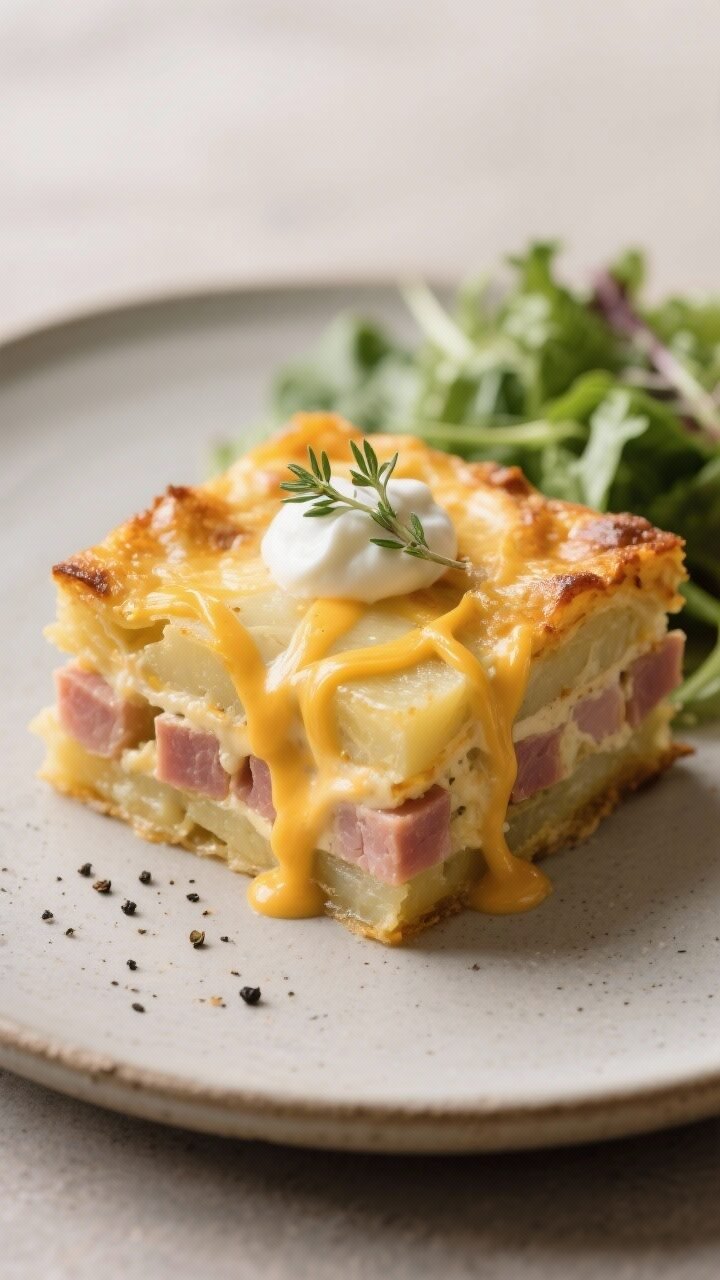 Close-up detail of a plated square slice of the casserole after a 10-minute rest, showing silky, ten