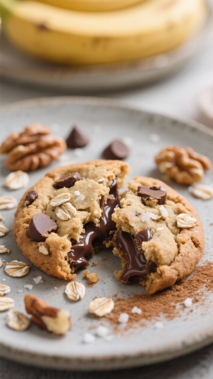 Close-up detail of a single Banana Oat Chocolate Chip Cookie broken in half, gooey semisweet chocola