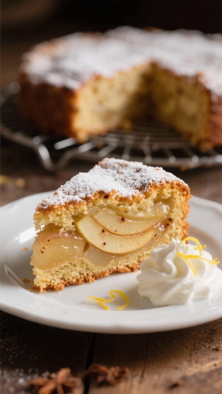 Close-up detail of a single slice of Classic German Apple Cake on a small white plate, shot at a sli