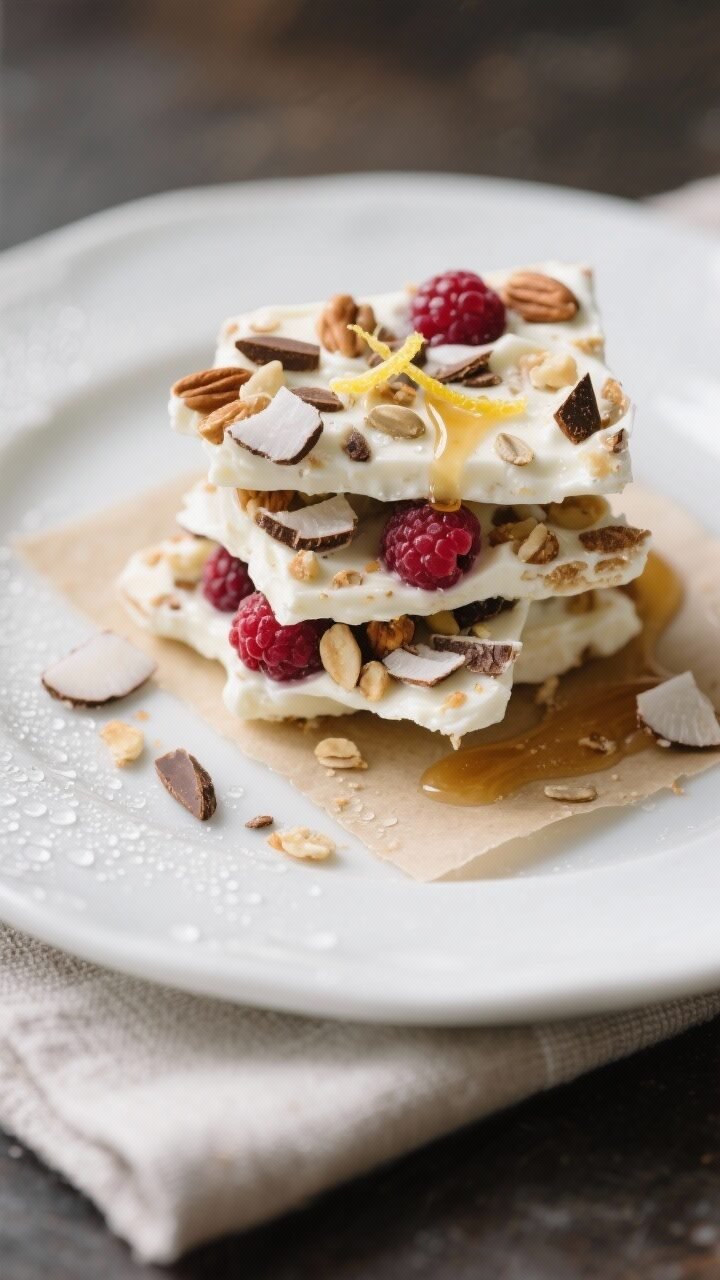Close-up detail of finished Greek yogurt berry bark shards stacked on a chilled white ceramic plate,