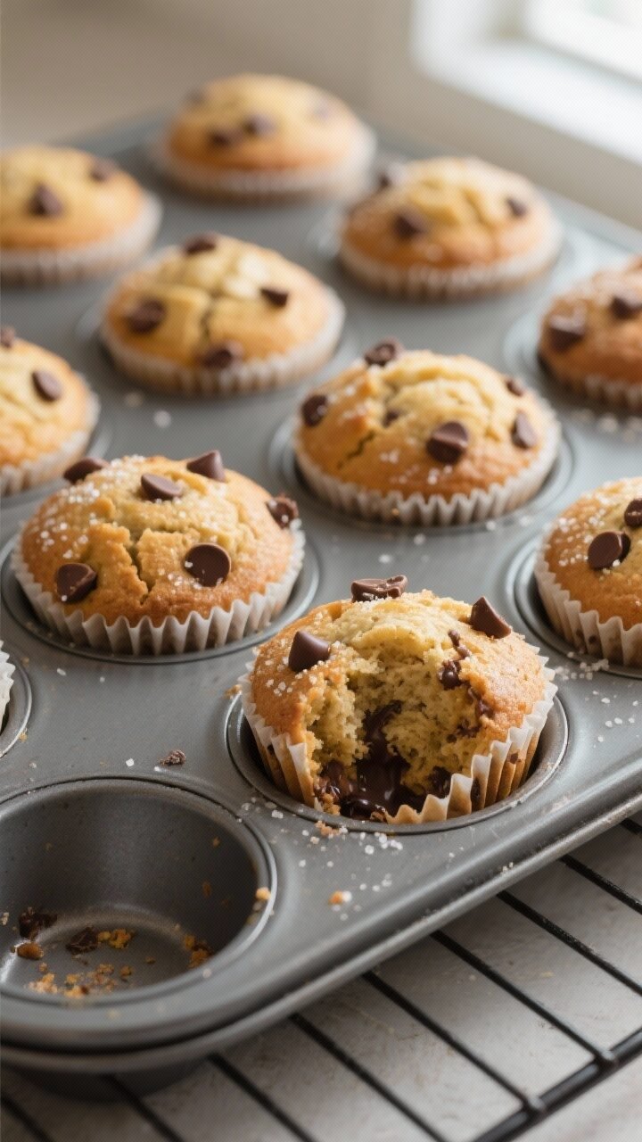 Close-up detail, process shot: A 3/4 overhead-to-close angle of freshly baked banana chocolate chip 
