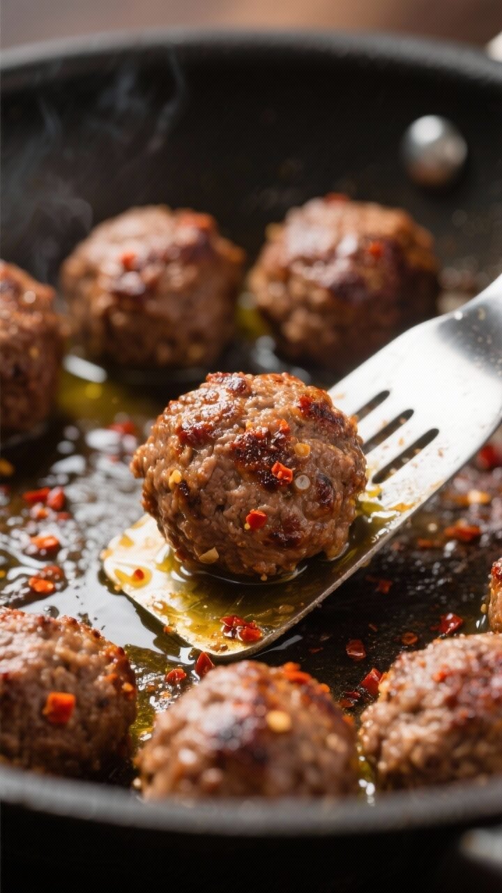Close-up detail: Searing spicy ground beef meatballs in a large skillet, mid-brown with caramelized 