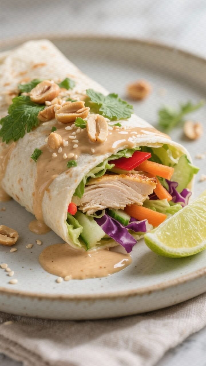 Close-up detail shot: A freshly assembled Thai chicken salad wrap sliced on the bias to reveal layer