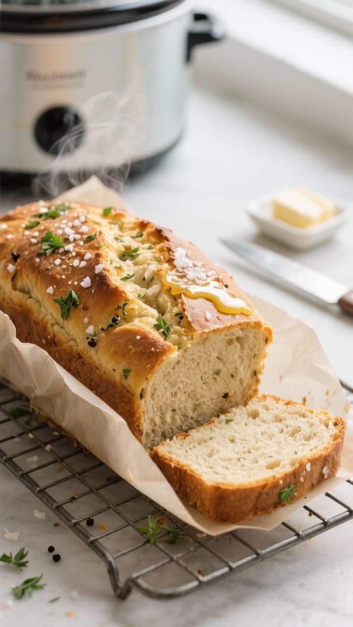 Close-up detail shot: A freshly cooked loaf of Garlic Herb Beer Bread just lifted from a parchment-l