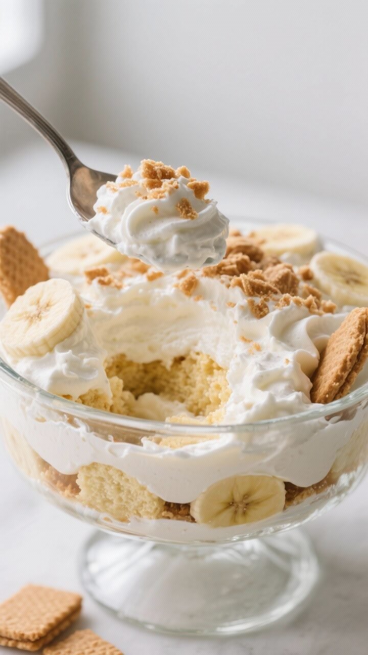 Close-up detail shot: A scoop lifted from a chilled Southern fluffy banana pudding in a glass trifle