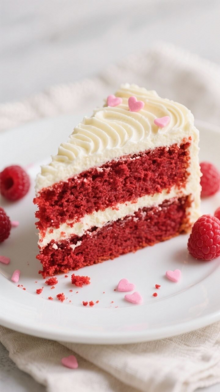 Close-up detail shot: A slice of red velvet cake just cut, showing two vibrant ruby-red layers with 