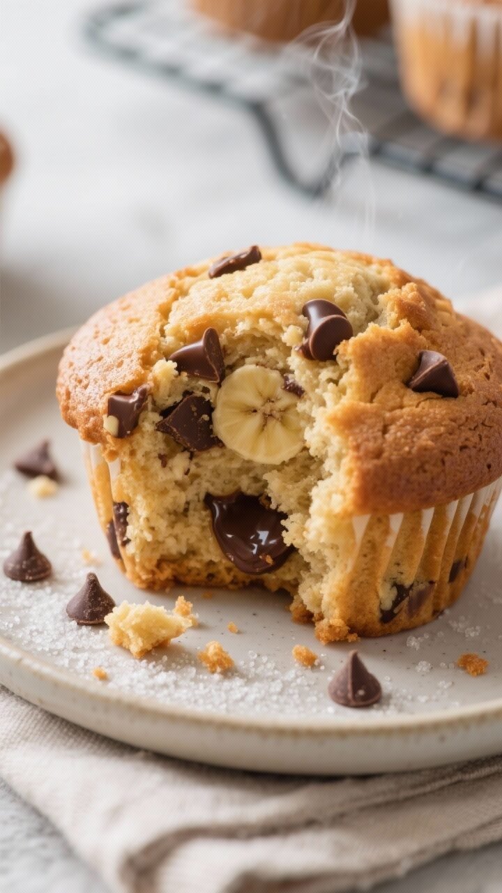Close-up detail shot: A warm banana chocolate chip muffin torn open to reveal a tender, fluffy crumb
