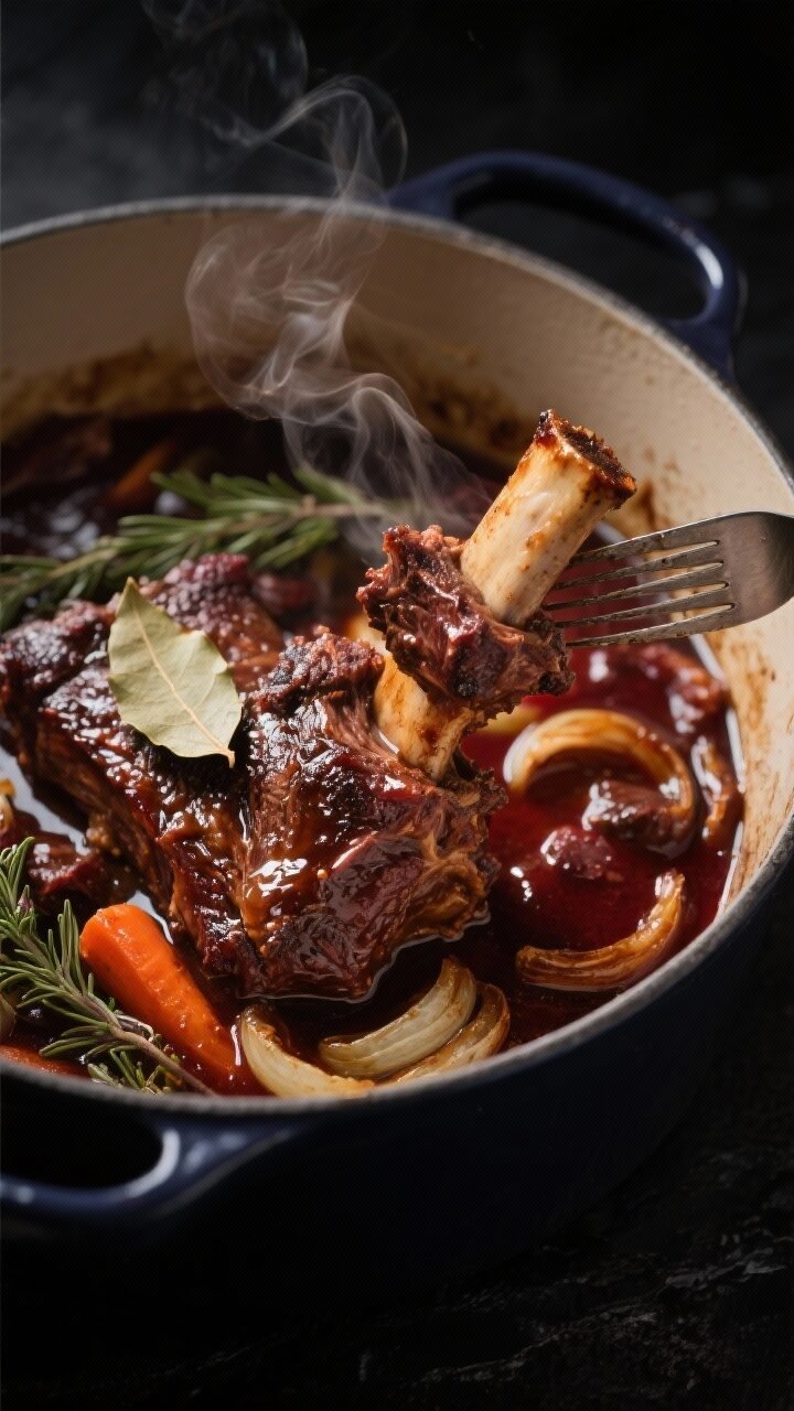 Close-up detail shot: Fall-apart braised short ribs just out of the oven, nestled in a glossy, reduc