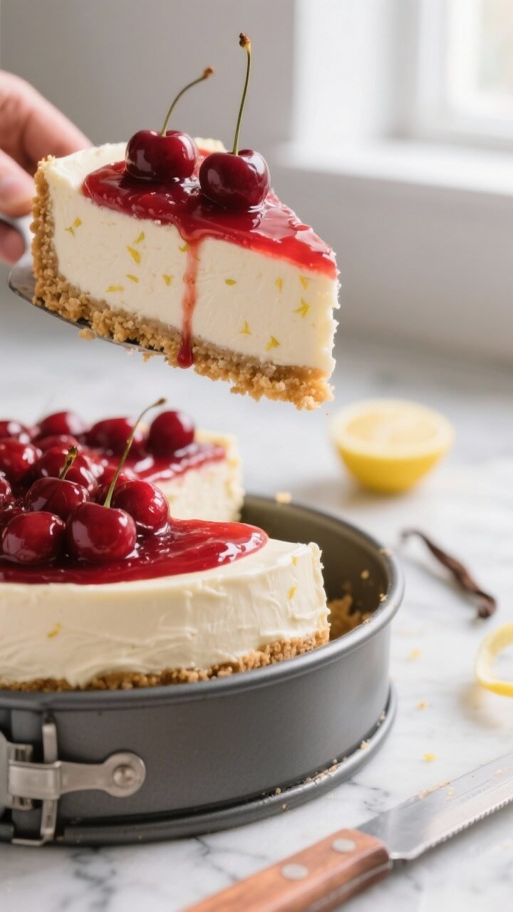 Close-up detail shot of a chilled slice of no-bake cherry cheesecake being lifted cleanly from a 9-i