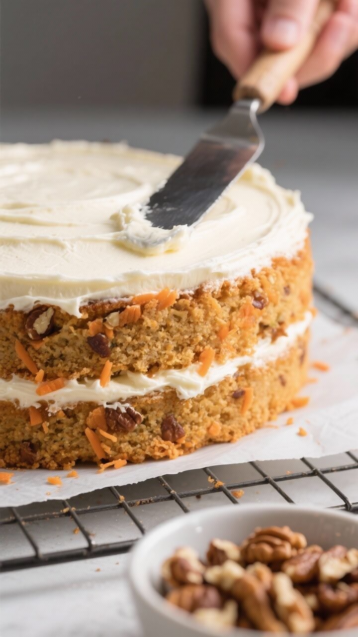 Close-up detail shot of a freshly baked eggless carrot cake layer being frosted: an offset spatula s