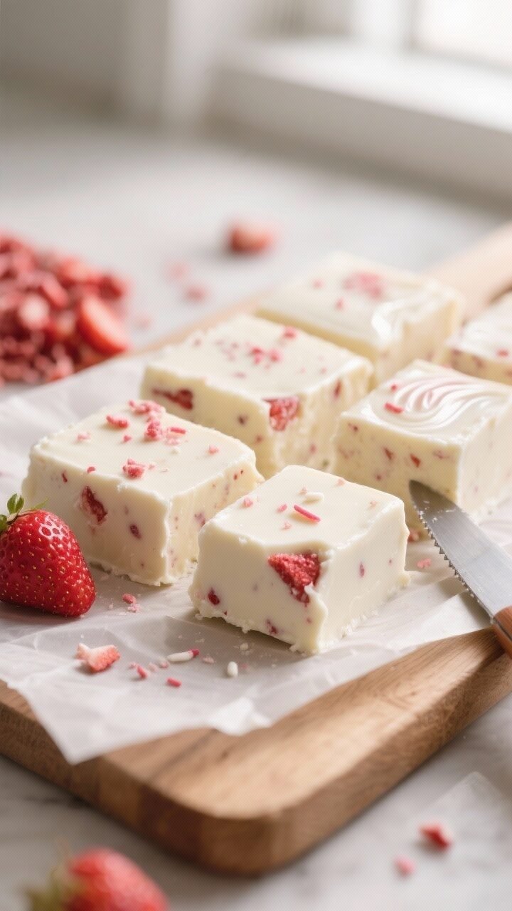 Close-up detail shot of freshly sliced white chocolate strawberry fudge squares on a parchment-lined