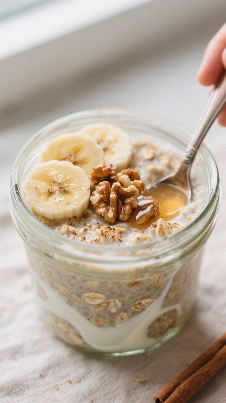 Close-up detail: Thick, pudding-like banana overnight oats just after an overnight chill, being stir