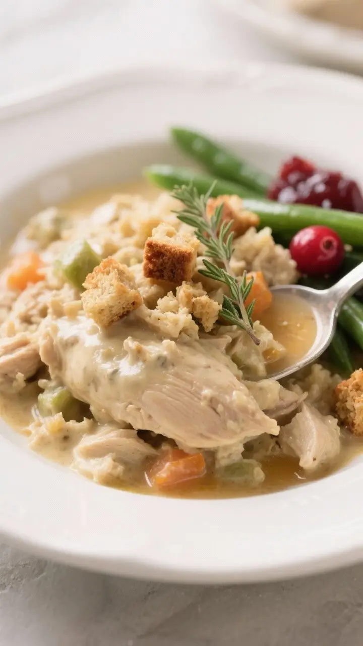 Close-up final plate presentation of creamy crockpot chicken and stuffing served in a wide, shallow 