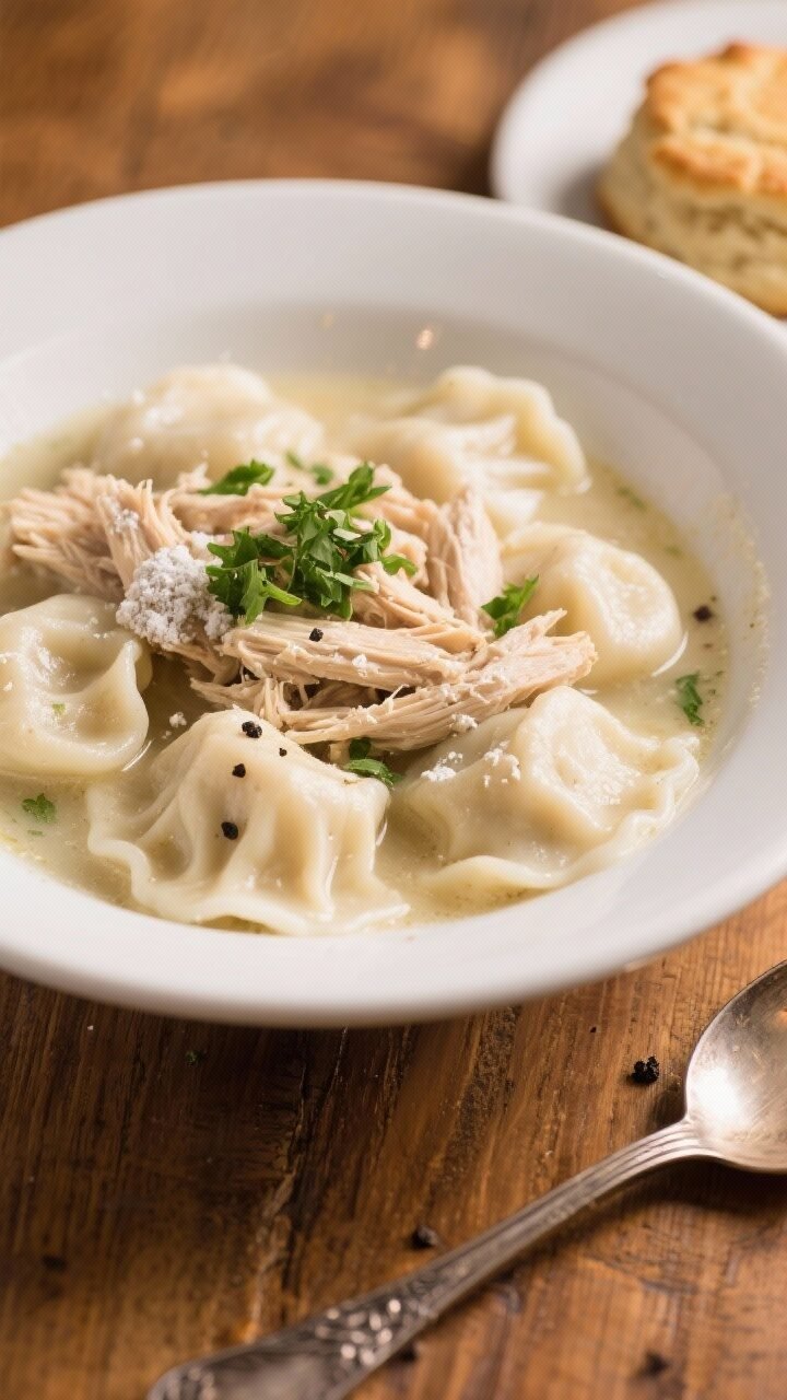 Close-up final plating of chicken & dumplings in a deep white bowl: pillowy, thin dumplings layered 