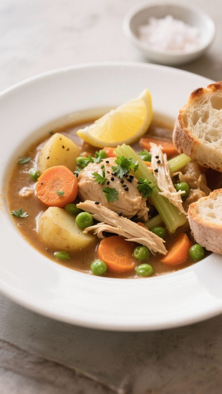 Close-up plated final dish of slow cooker chicken stew in a wide, white shallow bowl, richly sauced 