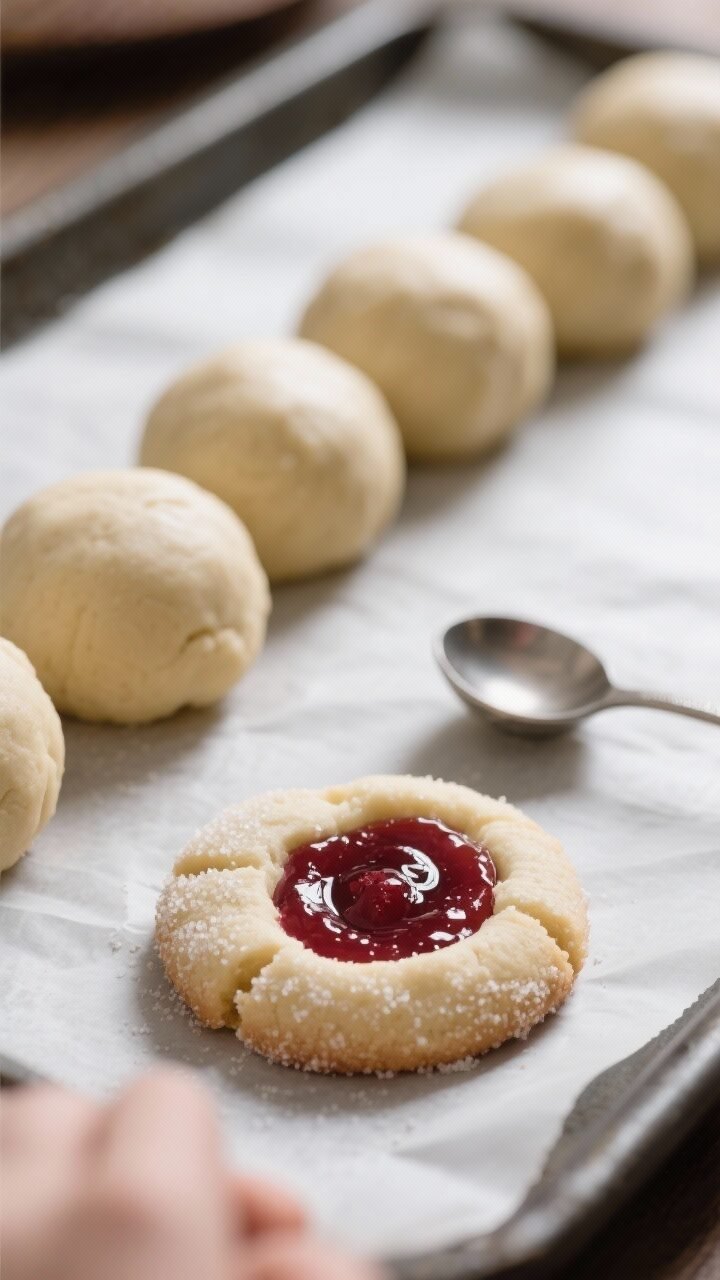 Close-up process detail of shaping the “thumbprint”: a neat row of smooth, chilled dough balls o