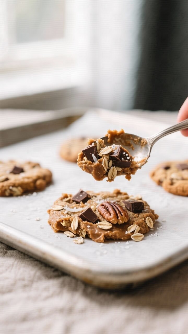 Close-up process shot: Brown butter cowboy cookie dough being scooped with a 2-tablespoon scoop onto