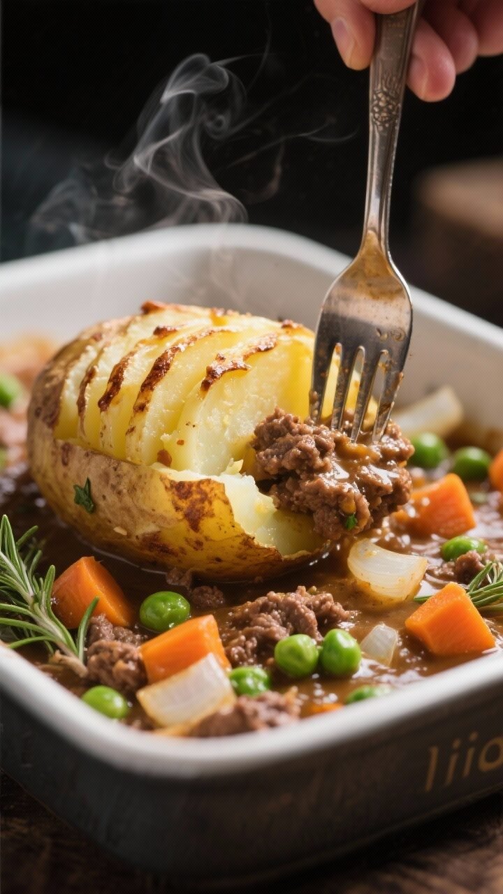 Close-up process shot of a spoon breaking through the potato “lid” to reveal the savory filling 