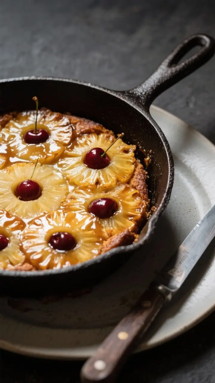 Close-up process shot of the cake just out of the oven in a 9-inch cast-iron skillet, top deeply gol