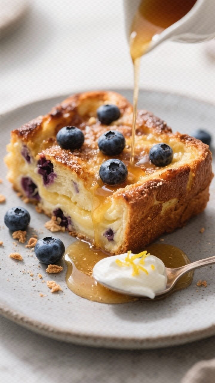 Close-up, three-quarter angle of a plated slice of Blueberry French Toast Casserole on a matte stone