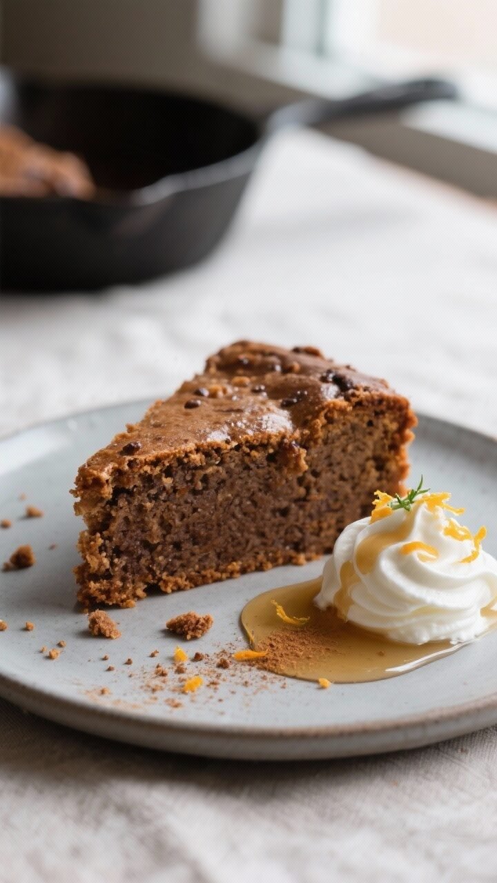 Close-up, three-quarter angle of a plated wedge of gluten-free molasses skillet cake on a simple mat