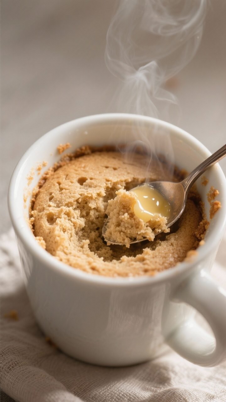 Close-up, three-quarter angle process shot of the mug cake just after resting, spoon breaking into t
