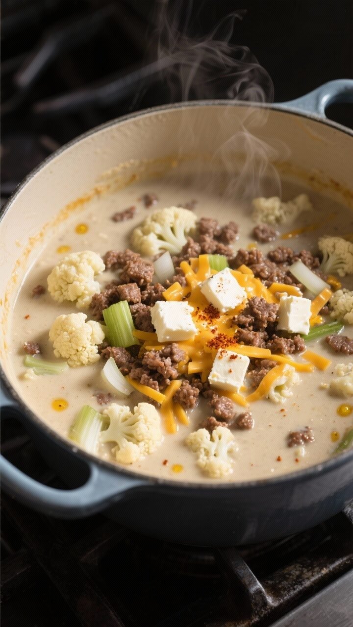 Cooking process close-up: A Dutch oven on the stovetop with low-carb cheeseburger soup mid-simmer, s