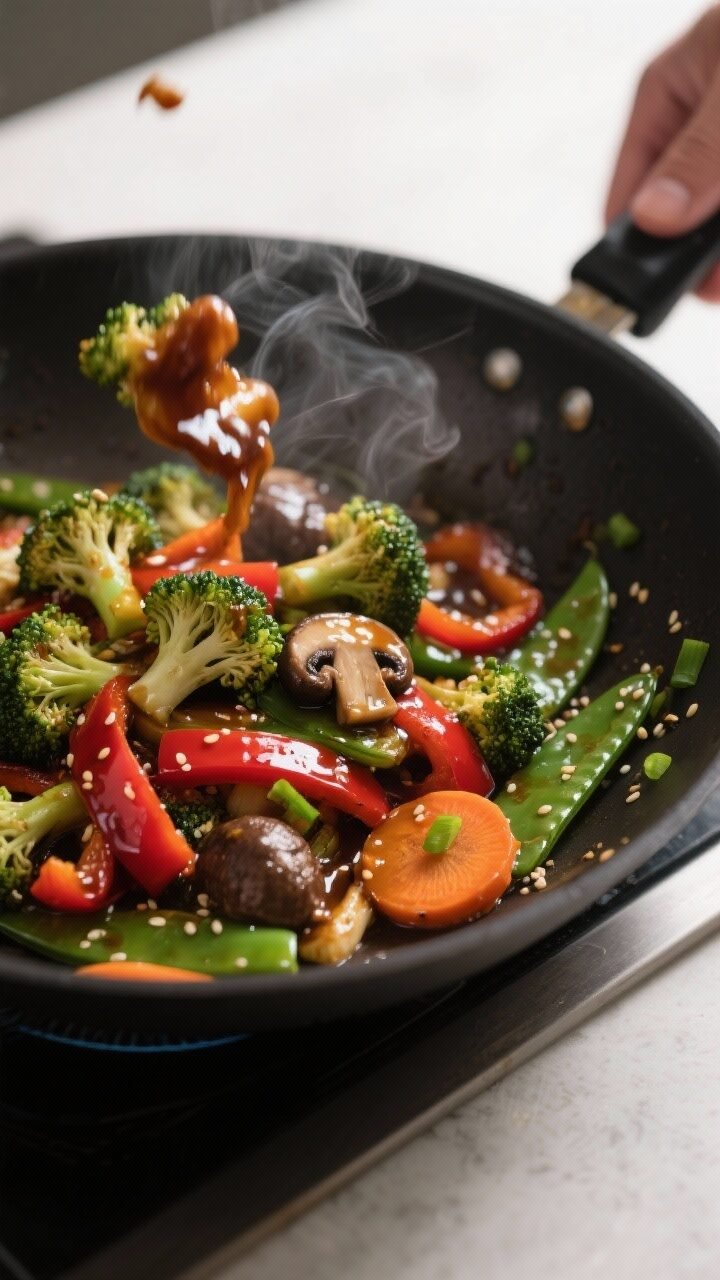 Cooking process close-up: A sizzling wok of Veggie Teriyaki in mid-toss over medium-high heat, showc