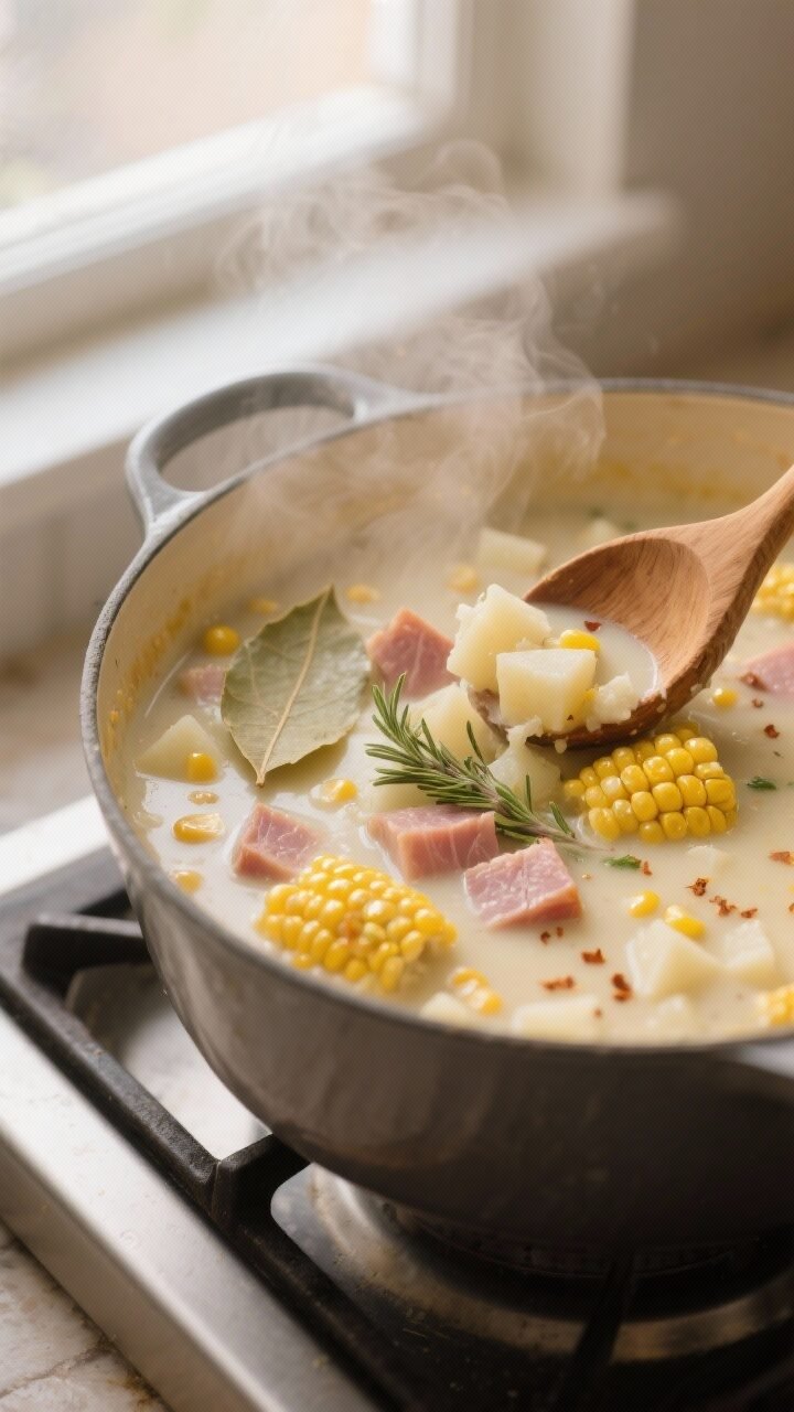 Cooking process close-up: A steaming pot of creamy ham and corn chowder mid-simmer, showing tender d