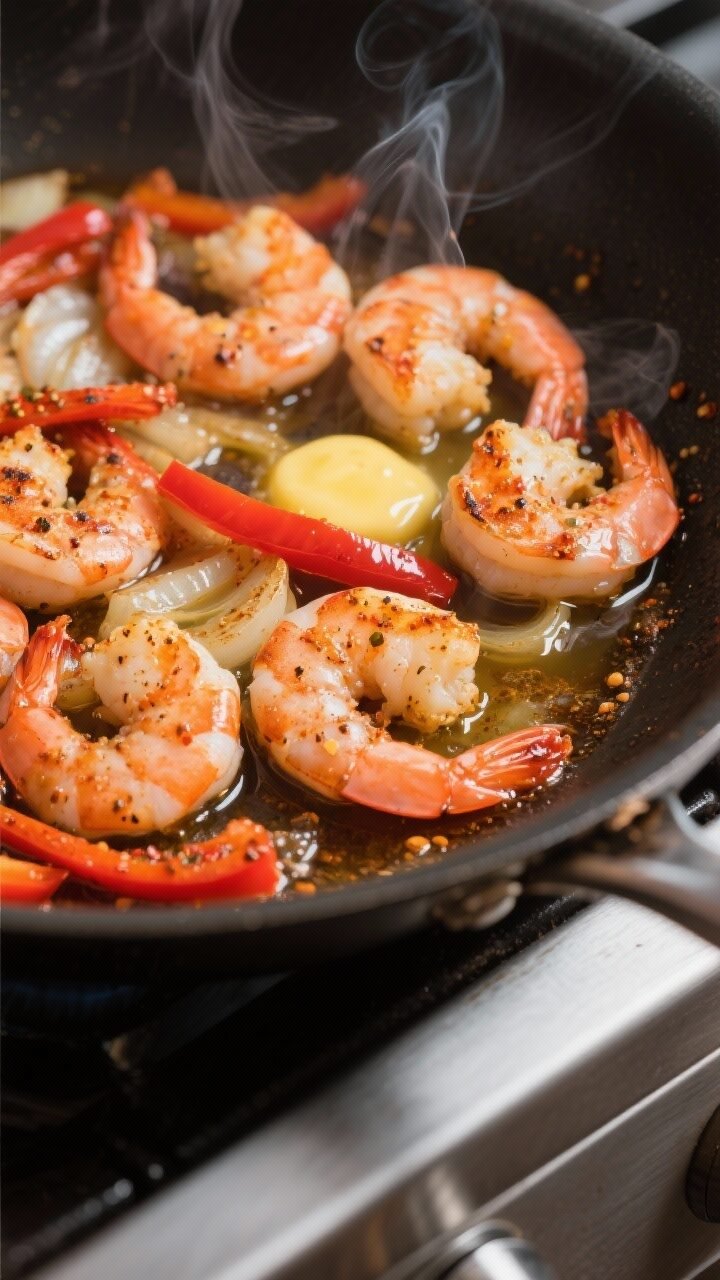 Cooking process close-up: Cajun-seasoned shrimp searing in a glossy skillet with melted butter, onio