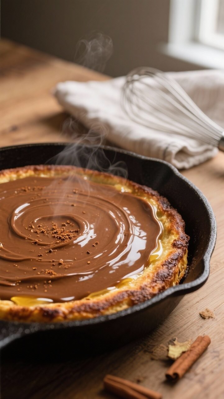 Cooking process, close-up detail: A 10-inch cast iron skillet just out of the oven with the spiced m