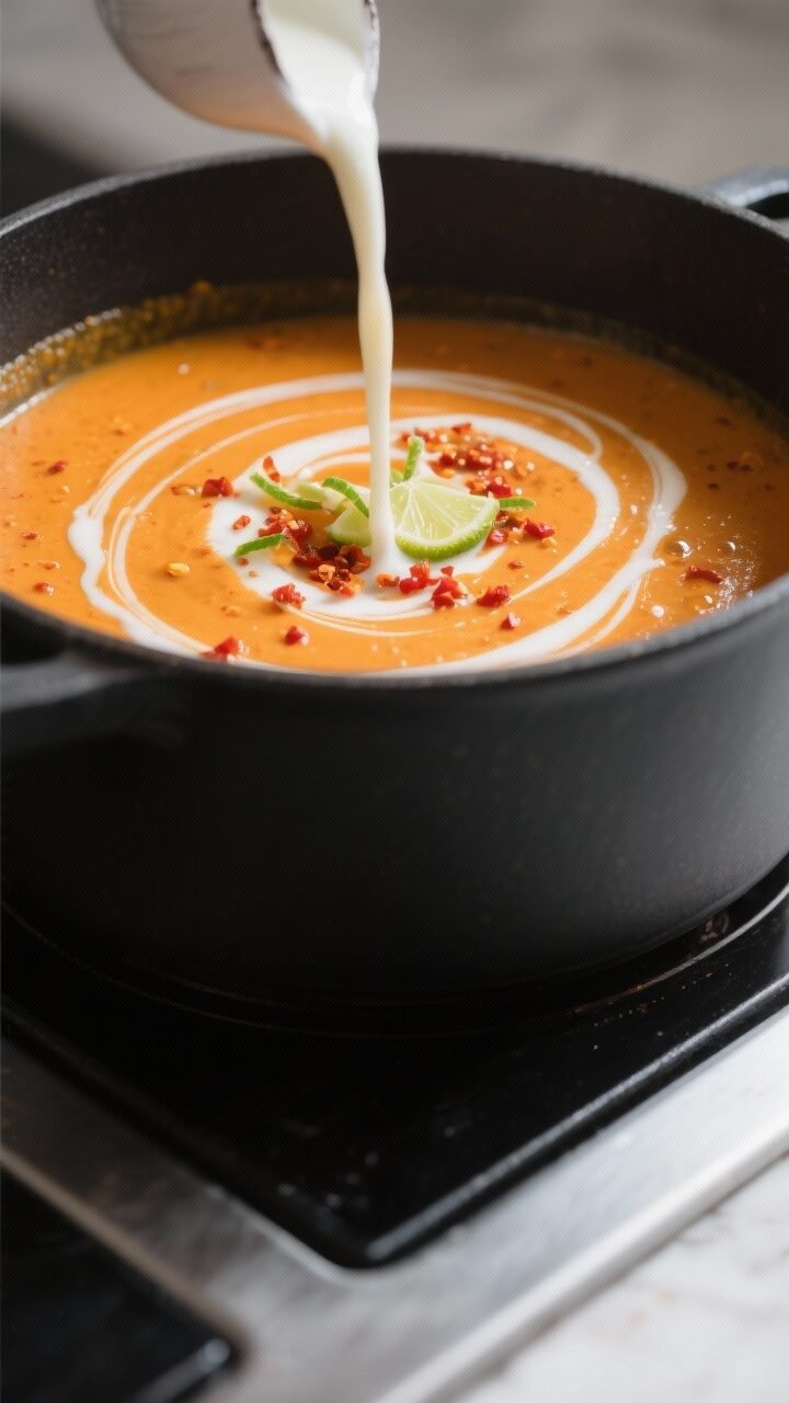 Cooking process, close-up detail: A deep, matte-black pot on the stovetop with sweet potato soup jus