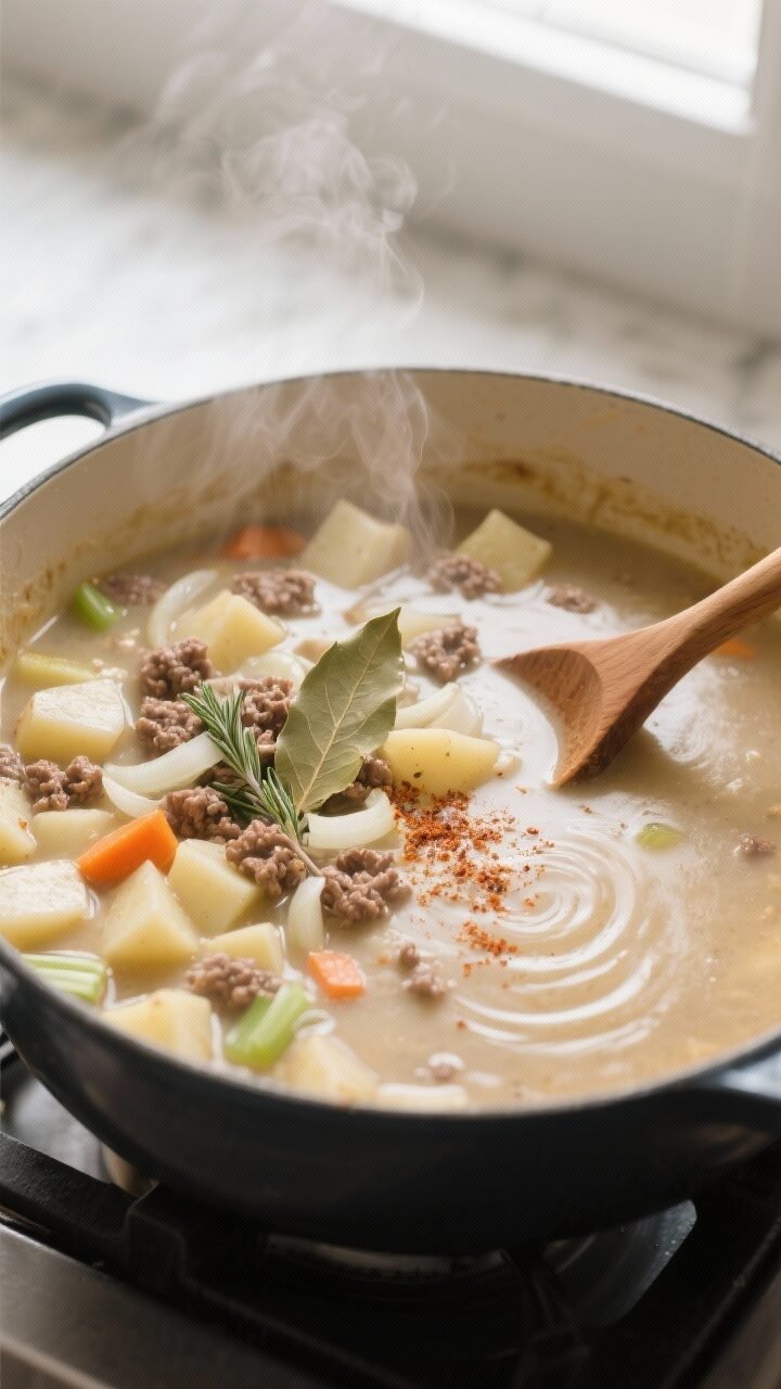 Cooking process, close-up detail: A Dutch oven on the stovetop with the soup mid-simmer, showing ten