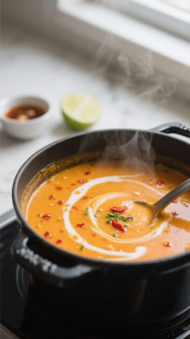 Cooking process, close-up detail: A shallow depth-of-field, mid-cook shot of Thai spiced pumpkin sou
