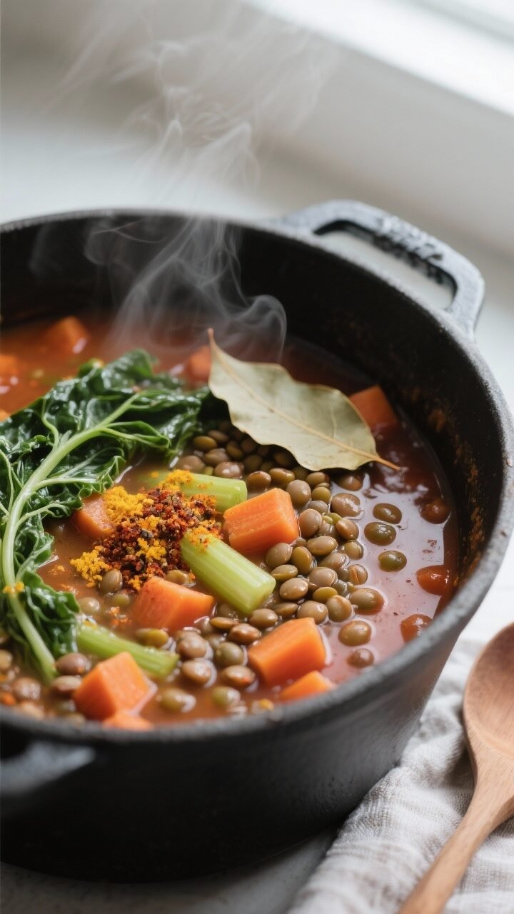 Cooking process, close-up detail: A steam-kissed close-up of Daniel Fast lentil soup simmering in a 