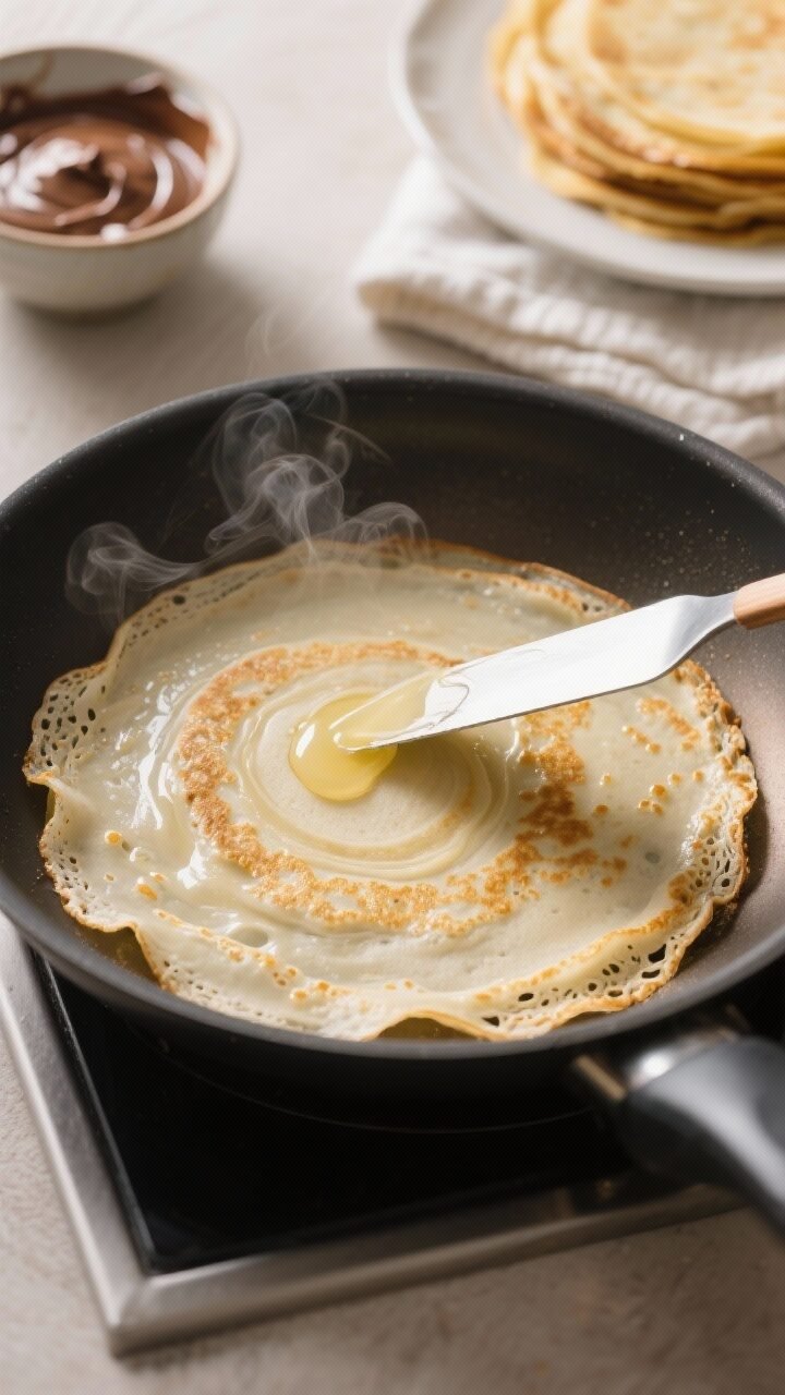 Cooking process, close-up detail: A thin crepe in a 10-inch nonstick skillet mid-cook, edges lightly
