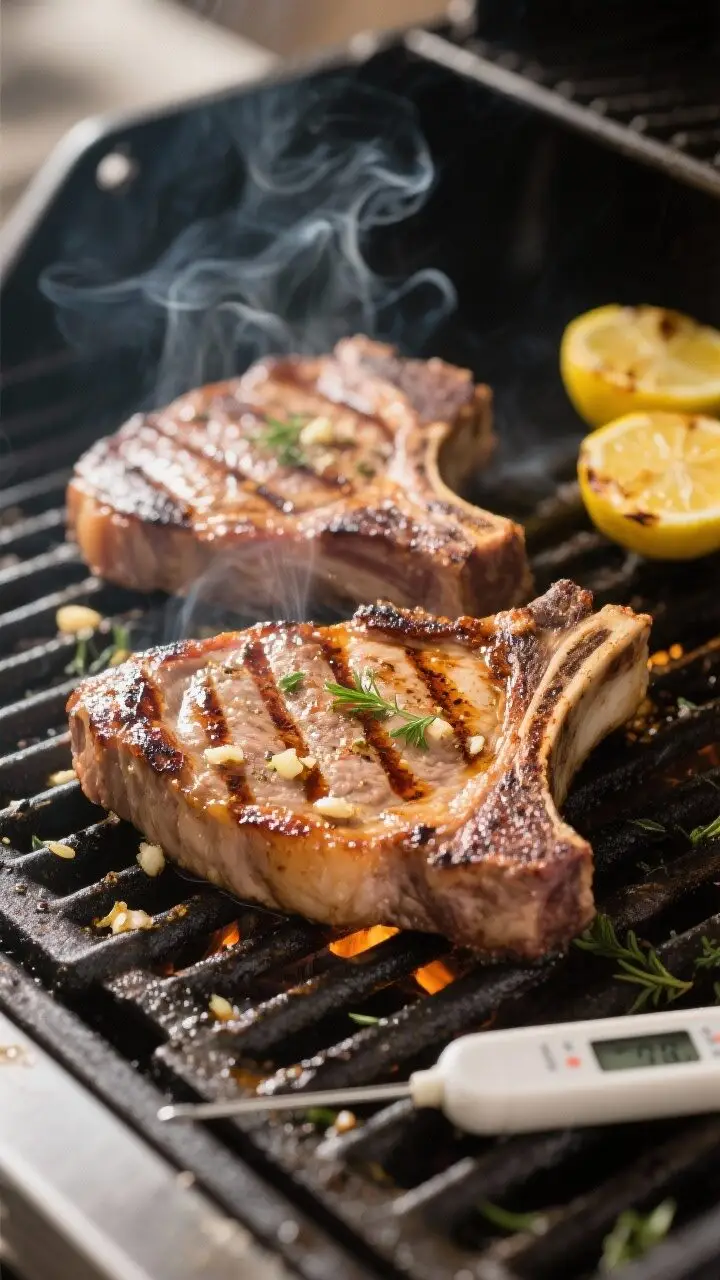 Cooking process, close-up detail: Bone-in pork chops sizzling on a hot grill at medium-high heat, de