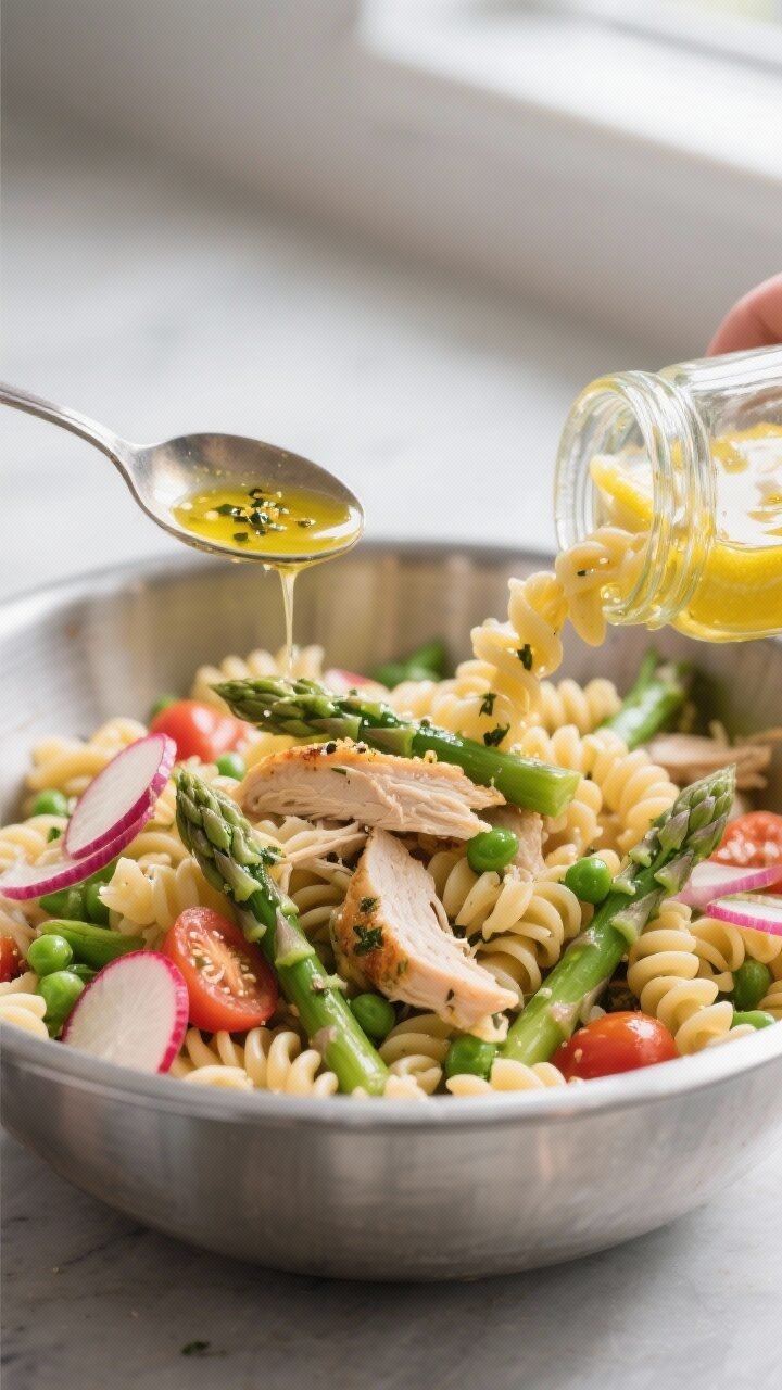 Cooking process, close-up detail: Close-up of al dente fusilli being tossed in a large stainless-ste