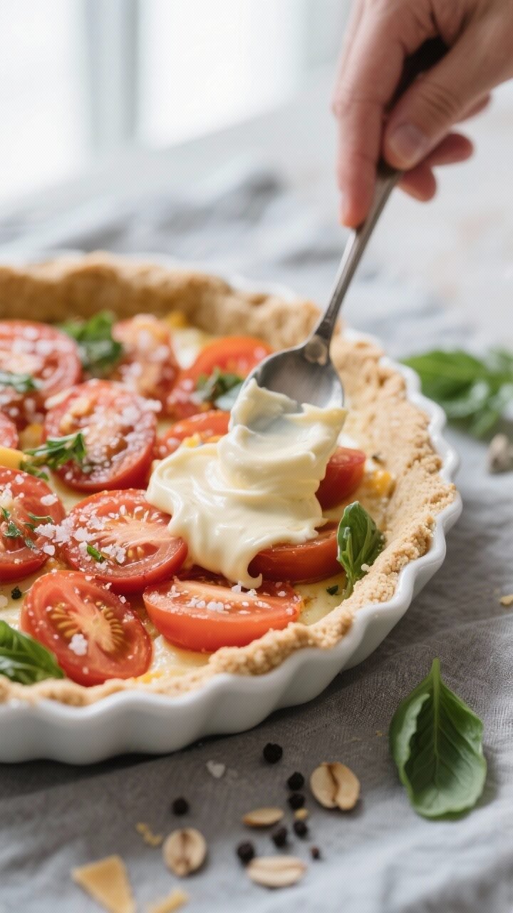 Cooking process, close-up detail: Close-up of the almond-flour crust after blind baking, lightly gol