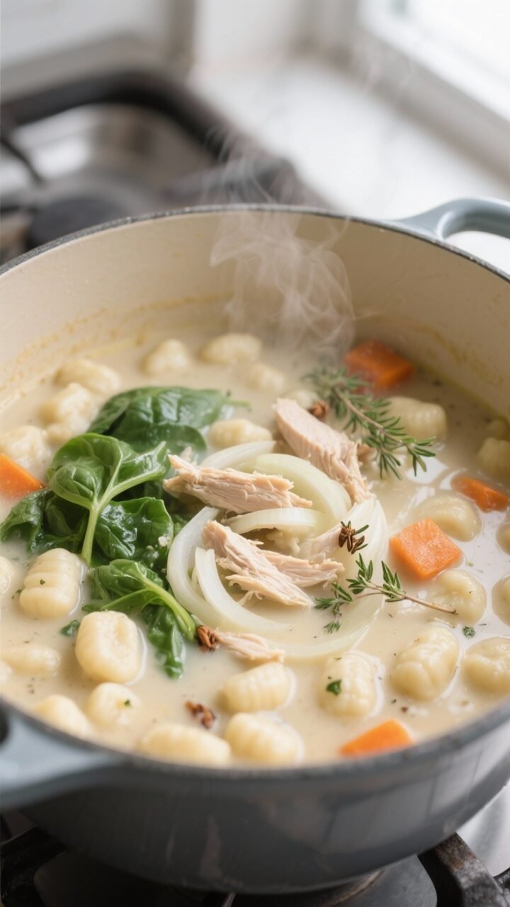 Cooking process, close-up detail: Creamy chicken gnocchi soup simmering in a matte enamel Dutch oven