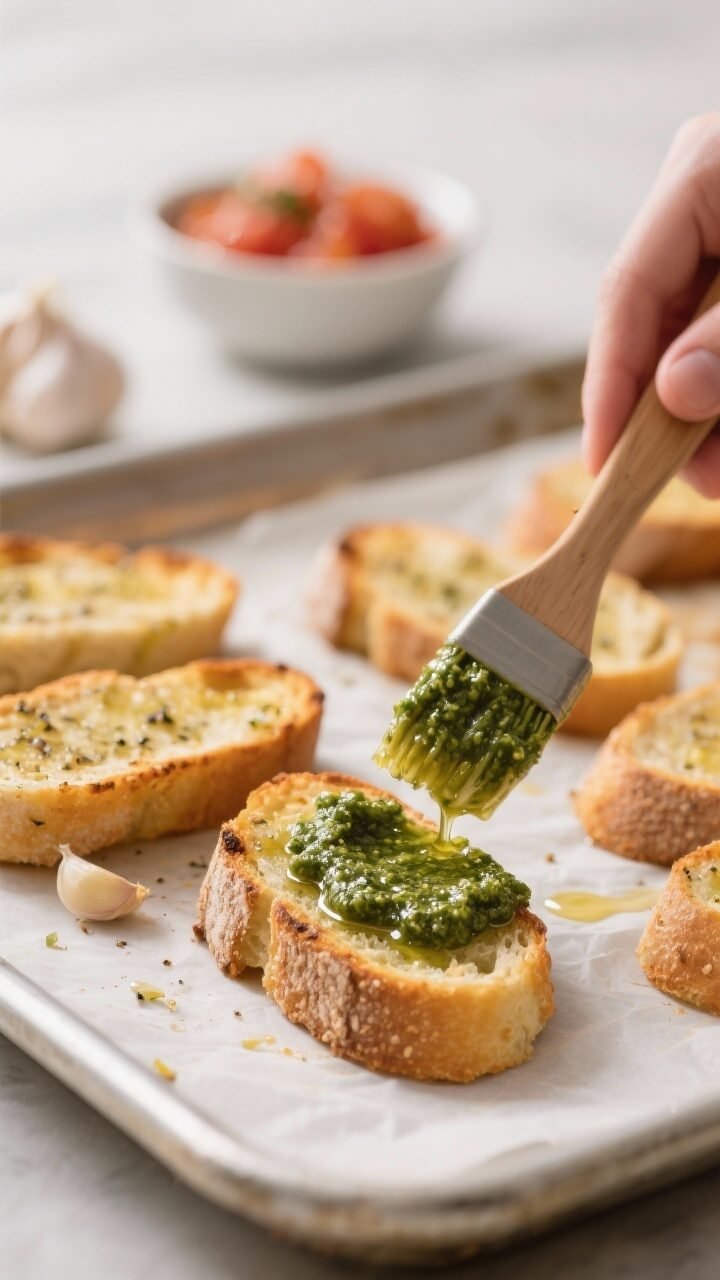 Cooking process, close-up detail: Garlic-rubbed crostini just out of the oven being brushed with a t