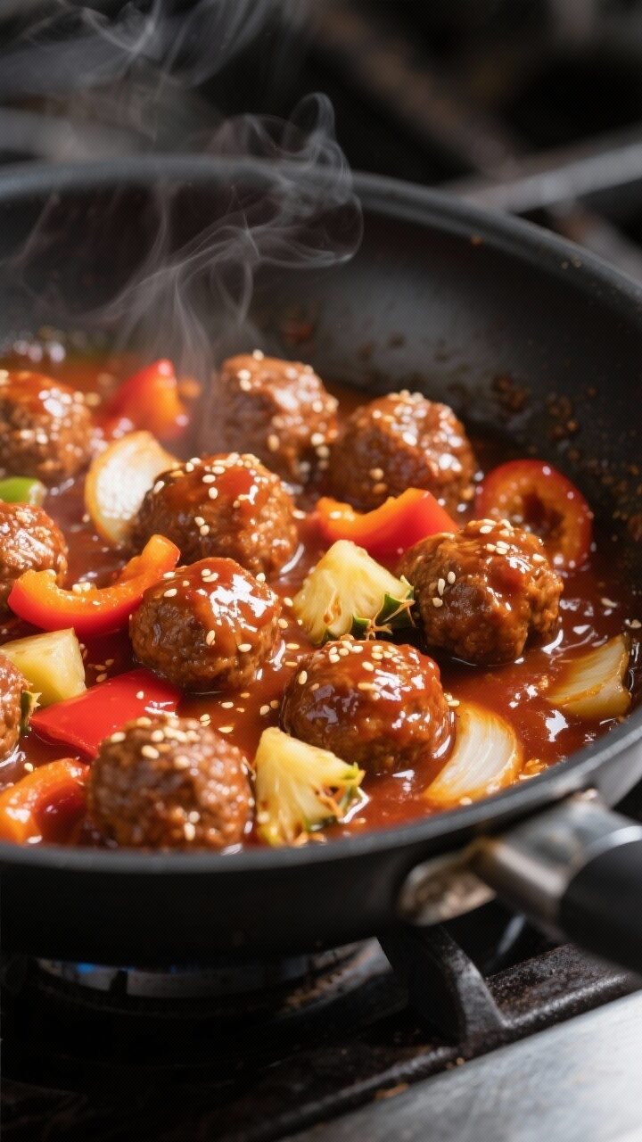 Cooking process, close-up detail: Glossy sweet-and-sour meatballs simmering in a wide black skillet,